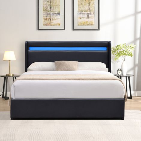 Letto contenitore sfoderabile 160x200 cm con testiera LED - 14 doghe - montaggio facile - rivestimento in PVC similpelle per manutenzione semplificata