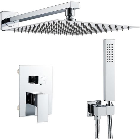 Système de Douche Encastré, Colonne de Douche avec Mitigeur Encastrable, Ensemble de Douche avec Carrée Douche de Tête, Douchette, Corps en Laiton, Chromé (1/5)