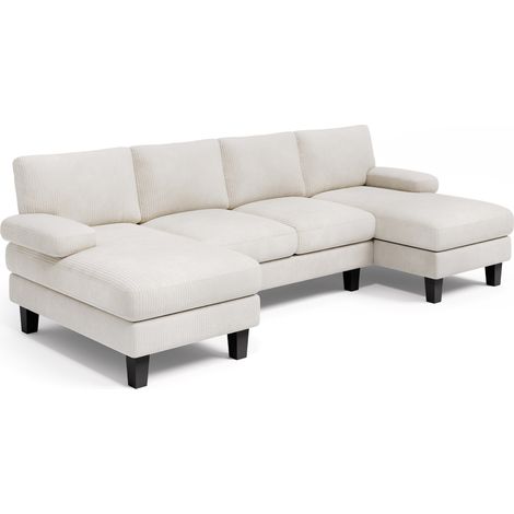 Ecksofa U-förmiges Bealife 4-Sitzer Cordsofa mit 2 Chaiselongues, 2 Armlehnenkissen und 4 Rückenkissen Holz-Metall-Rahmen für das Wohnzimmer 271 x 122 x 86 cm Beige