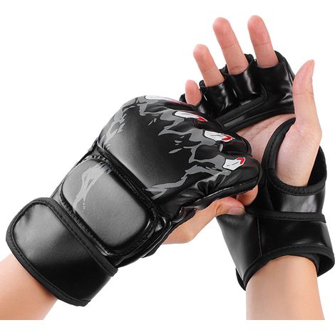 Gants de boxe demi-doigts, gants de frappe paumes ouvertes, gants de combat, de kickboxing et de sparring pour hommes et femmes, entraînement de boxe, noirs (1/4)