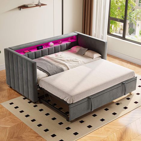 Cama nido 90/180 x 190 cm - con puerto USB tipo C, iluminación LED - con espacio de almacenamiento - de terciopelo, gris (1/5)