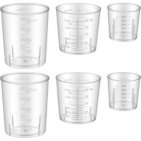 Lot de 6 tasses doseuses transparentes - 30/60/100 ml - Petits verres doseurs en plastique pour cuisine, pâtisserie, laboratoire, mesures, précisément empilables (1/5)