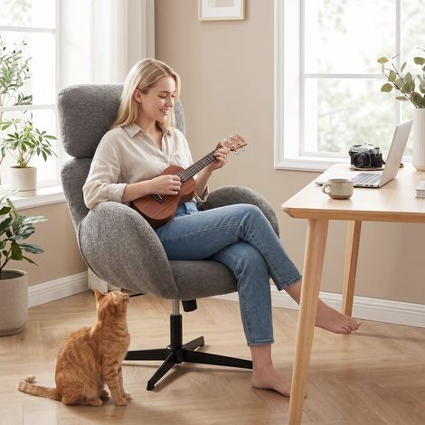 Fauteuil de bureau en velours gris, dossier haut réglable en hauteur, pivotant avec fonction bascule, chaise ergonomique pour salon ou bureau. (1/5)