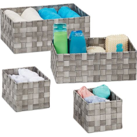 Panier tressé Rangement, Lot de 4, Salle de Bain, rectangulaires, 3 Tailles, Plastique, Gris (1/5)