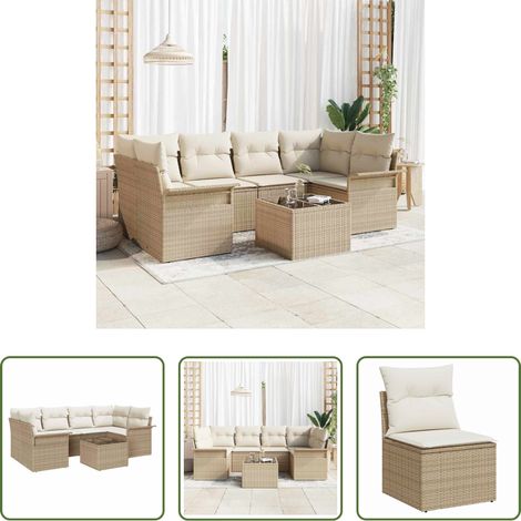 Poly-Rattan - Gartensofa-set mit Kissen 7 pcs Beige Poly-Rattan (1/5)
