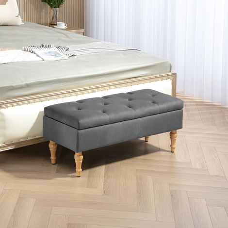 2-in-1 Aufbewahrungsbank aus Samt mit gestepptem Klappdeckel und Holzbeinen, dunkelgrau