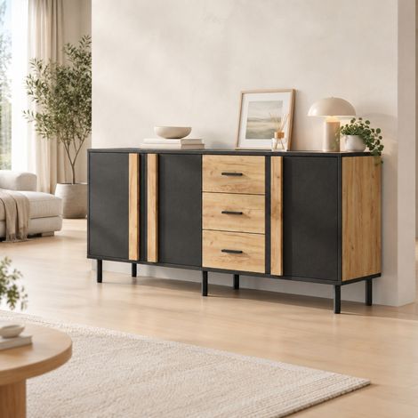 Aparador de almacenaje 140x35x70 cm MDF negro y madera, 3 puertas 3 cajones - CHICFURN (1/5)