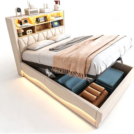 Lit Coffre Double 140 x 200 cm en Lin, LED Réglable, USB et Rangement Hydraulique avec Étagère, Beige (1/5)