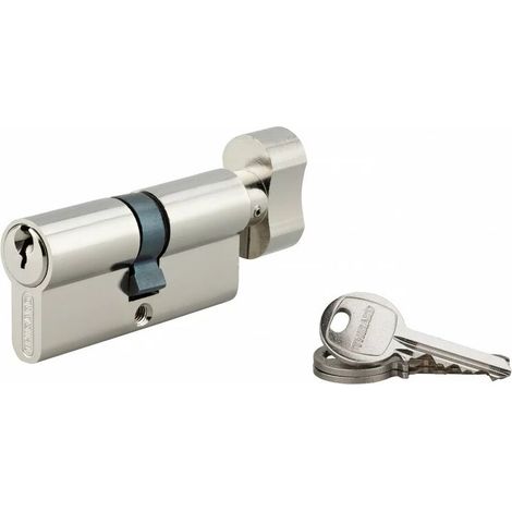 Cylindre de serrure à bouton 35 x 35 mm – Laiton nickelé – 3 clés acier – Mécanisme 5 goupilles – Panneton anti-arrachement (1/2)