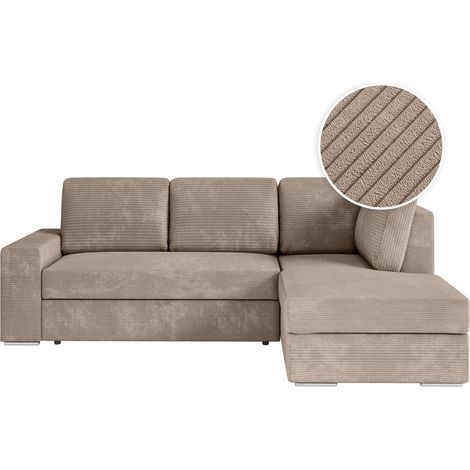 Loungitude – Canapé d'angle convertible en velours côtelé – Coffre de rangement intégré – Angle droit – Taupe – Design moderne épuré (1/5)