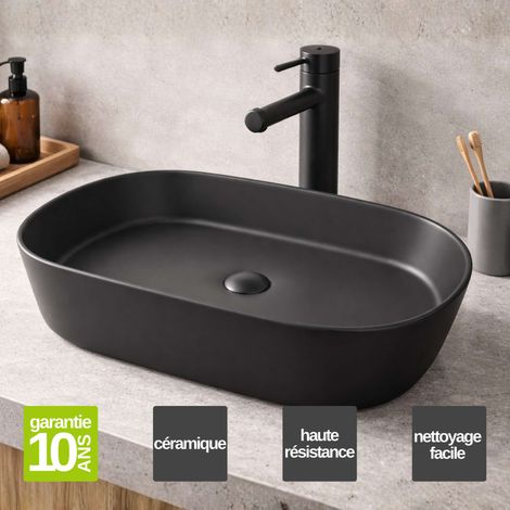 Vasque à poser ovale en céramique noir mat L52,5 x l30 x Profondeur 14,5 cm – SANIZEO Janodos - Idéale pour salle de bain moderne (1/5)