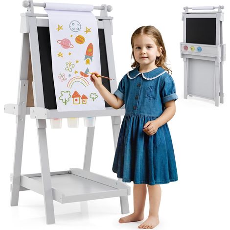 Caballete plegable de doble cara para niños 55 x 66 x 106 a 126 cm con mayor seguridad y cómodo almacenamiento fabricado en MDF gris 200018827