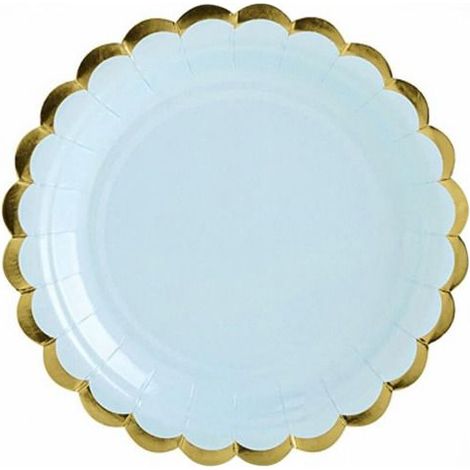 6 assiettes en carton, bleu ciel avec bordure dorée, 18 cm, pour dessert ou événement festif (1/4)