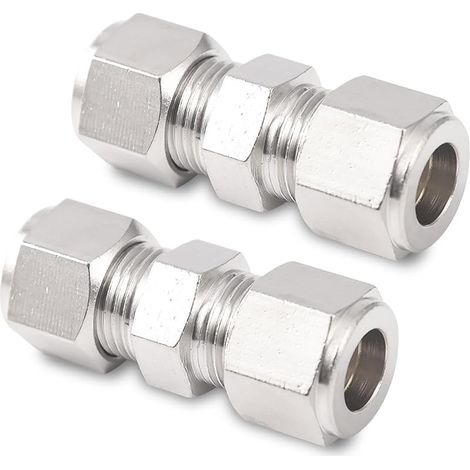 Lot de 2 raccords de tuyau de compression - En acier inoxydable OD - 8 mm - Raccord droit - Pour tuyauterie et compresseurs d'air - Argenté