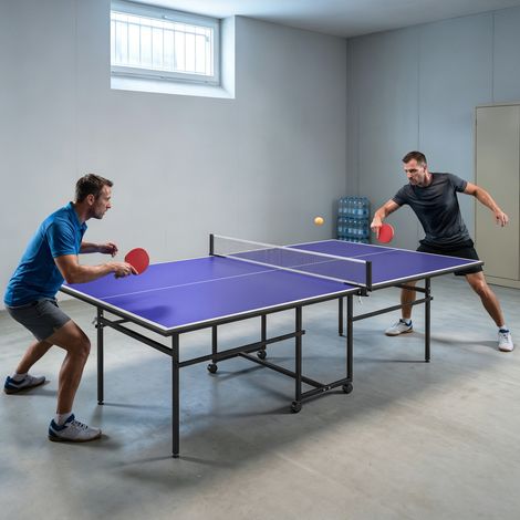 Table de tennis de table, pliable, mobile, 2 raquettes, 3 balles, cadre en métal, 274 x 152,5 x 76 cm, bleu (1/5)