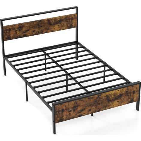 Cadre de Lit Métal Double 200x140CM avec Tête & Pied de Lit en Bois, Lattes en Métal Robustes, Espace sous le Lit, Pas Besoin de Sommier, Marron (1/5)