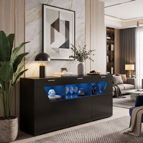 Creahappy Buffet Enfilade LED 160x38x78 cm - Grand Rangement Salon - Design Moderne Noir Brillant avec Vitrine 3 Portes (1/5)
