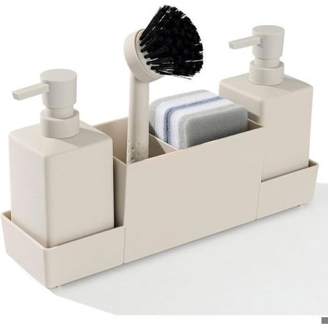 BelleRise - Distributeur de Savon Cuisine avec Porte-Éponge – Pour Évier, Mains & Vaisselle – Brosse Incluse, Beige Mat, Design Pratique (1/5)