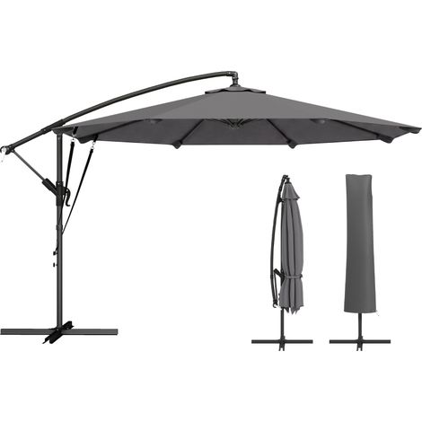 Parasol Excéntrico Ø300 cm con Base Cruzada Manivela Funda Protectora y Cuerdas de Viento UPF30+ Gris Oscuro