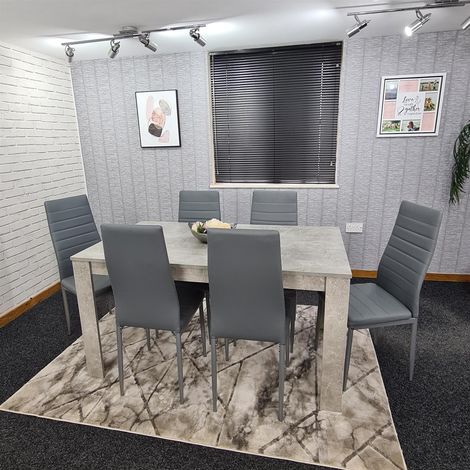 Dining Table and 6 Chairs Stone Grey Effect Wood Table 6 Grey Leather Chairs Dining Room (1/5)