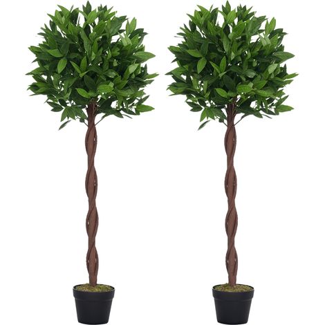 Alberi di alloro artificiali a forma di sfera, altezza 1,20 m - Set di 2 alberi di alloro artificiali a forma di palla - 741 foglie realistiche per pianta - Tronco rampicante - Vaso nero e verde inclu