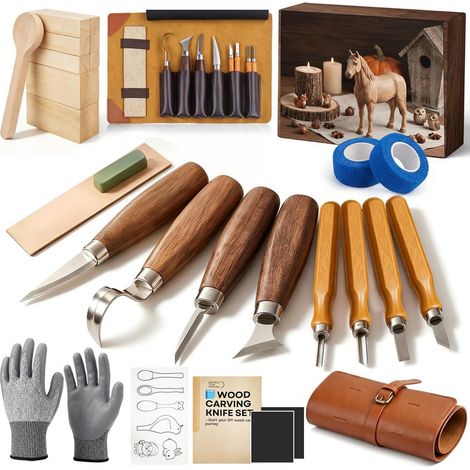 Ensemble d'outils de sculpture sur bois 25 pièces pour débutants avec pierre à aiguiser et gants (1/5)