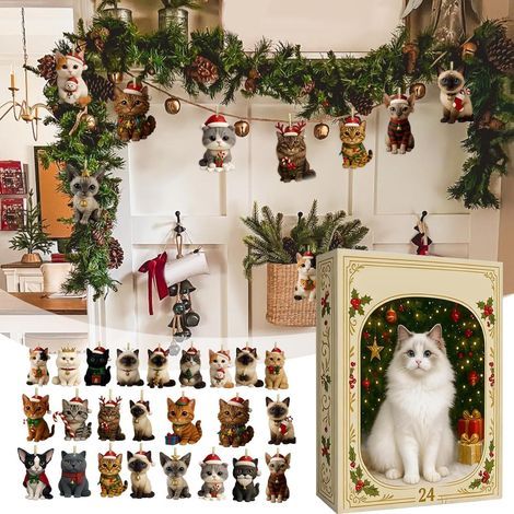 Calendriers De L'Avent Chats 2025 Calendrier De Noël 24 Jours Avec Pendentifs Chats En Acrylique 2D Décorations De Sapin De Noël Avec Chatons De Dessin Animé,cadeau Pour Les Amoureux Des Chatte (1/5)