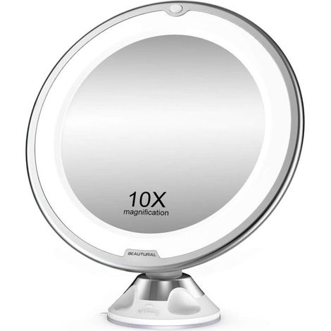 Espejo de maquillaje con aumento de 10x con luces LED, 1 rótula, ajustable 360°, espejo cosmético portátil para baño y viajes (1/4)