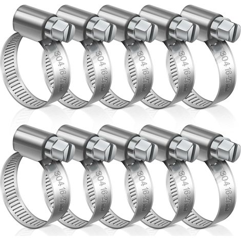 Lot de 10 colliers de serrage réglables en acier inoxydable 304 - 16 à 27 mm - Colliers de serrage pour voiture, industrie, connexion et sécurisation des tuyauteries (1/5)