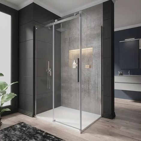 Box Doccia 80x110 cm Porta Scorrevole e Parete Fissa Profili in Alluminio Cromati Vetro 8mm Trasparente con Trattamento Easy-clean - Reversibile h195 Mod. Creta (1/5)