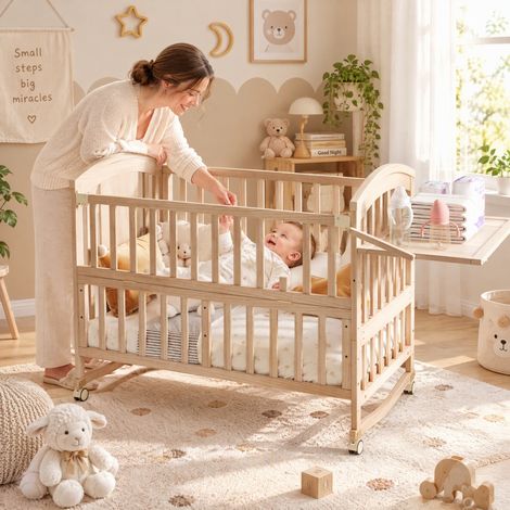 JOOKGBD-Lit Bébé Évolutif Multifonction en Pin Massif 120x60cm, Extensible Jusqu'à 162cm, Table à Langer Amovible, Sommier à 3 Hauteurs Réglables, Roues Verrouillables, Lit de Cododo pour Bébé (1/5)