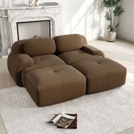 Divano componibile 2 posti in velluto a coste con 2 pouf, elastico 32D, base ergonomica e antiscivolo, 208x178x70cm, marrone