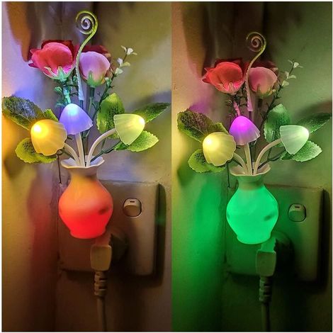 2er-Pack LED-Nachtlichter zum Einstecken mit automatischem Dämmerungssensor, 0,5W Energiesparlampe, verträumtes Nachtlicht in Rosen- und Pilzform. (1/4)