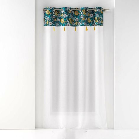 Voilage à œillets 140x240 sable top imprimé pompon Bohoflora bleu (1/4)