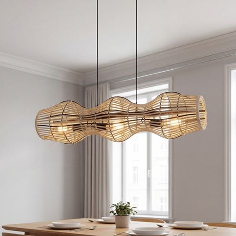 Hängelampe 80 cm breit H: max. 145 cm Bambus Korb 3x E27 Boho Hängeleuchte Esstisch