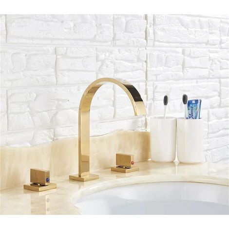 Robinet De Lavabo De Salle De Bains Doré, Robinet D'eau Chaude Et Froide, Trois Trous, Mélangeurs À Deux Poignées, Robinet De Baignoire Monté Sur Le Pont (1/5)