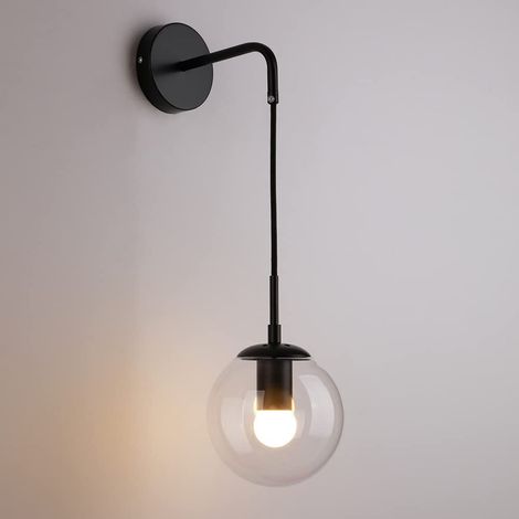 Applique murale rétro en verre ambre, globe sphérique, style industriel vintage, luminaire E27 pour chambre, couloir ou salon, noir, éclairage mural décoratif. (1/3)
