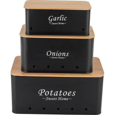 Kartoffel Aufbewahrungsbox, Pack of 3, Kartoffeln, Zwiebeln und Knoblauch Aufbewahrung Box, Aufbewahrungsbehälter für Hält Gemüse Länger Frisch, Schwarz (1/5)