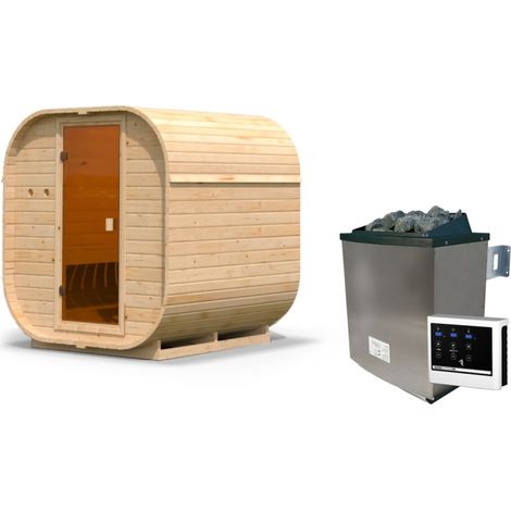 Sauna extérieur 2-4 places en bois massif 38mm – Poêle 9kW – Dimensions 199x175cm – Hauteur faîtage 205cm – Karibu