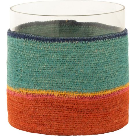 Photophore Déco Jonc de Mer "Desire" 20cm Turquoise & Orange (1/2)