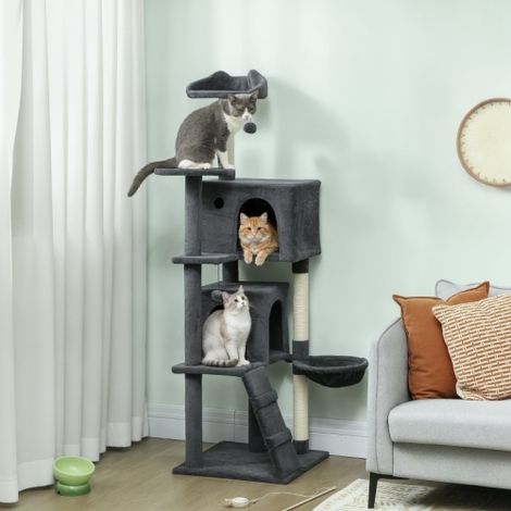 Large 160cm Cat Tree Tower with Sisal Scratching Posts, Plush Perches, Condos, Hammock, and Ladder in Dark Grey (1/5)