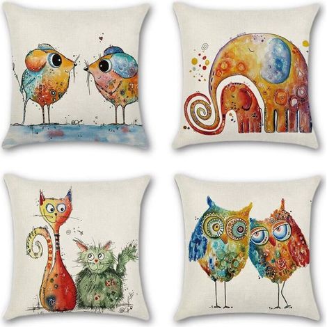 Lot de 4 taies oreiller 45 x 45 cm polyester et lin taie oreiller voiture décorative canapé taies oreiller déco (animaux de dessin animé) (1/5)