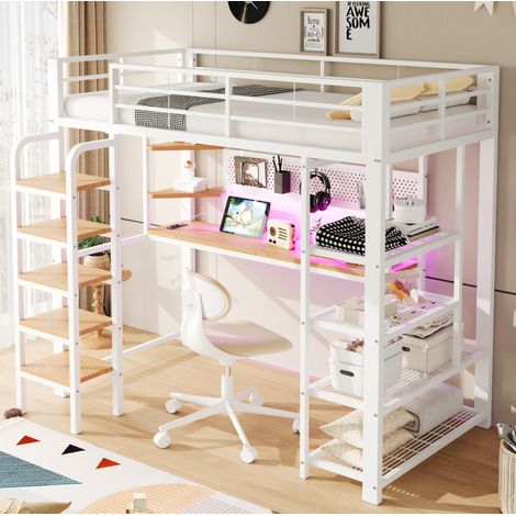 Cama alta 205.4x94.5x172.5 cm, con escritorio, LED y enchufes integrados, estantería y panel perforado, metal y madera, blanco (1/5)