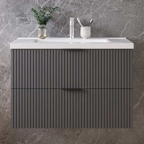 AICA Bathroom 790x460x520mm MDF Wall-mounted Vanity Unit,Anthracite Concave-convex texture Dual-drawers,Detachable Soft Close + Ceramic Basin (1/5)