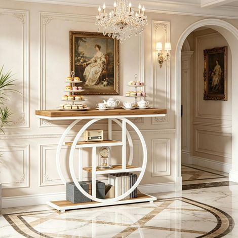 Console 105x30x80 cm brun et blanc en métal et bois style industriel avec 4 niveaux (1/5)
