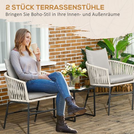 Ensemble de 2 fauteuils de jardin bohème, assise rembourrée confortable, coussins amovibles, housse lavable, cadre en métal, couleur beige (1/4)
