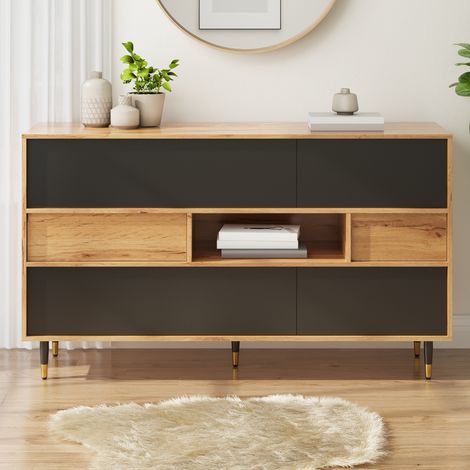 Credenza, 140x40x84,5 cm, mobile contenitore per soggiorno e sala da pranzo, stile scandinavo industriale con 2 cassetti e 4 ante, nero e naturale (1/5)