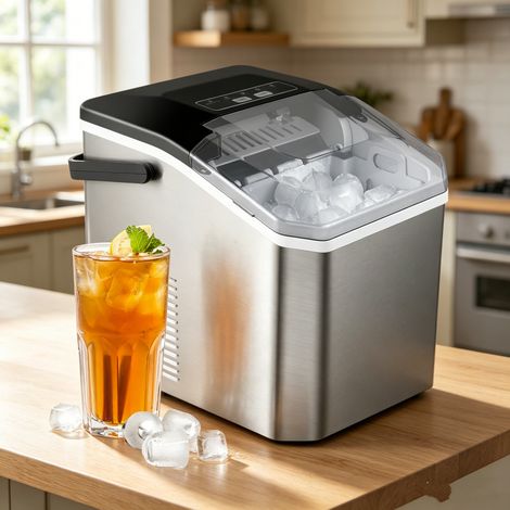 Machine à Glaçons Compacte pour Maison, 9 Glaçons Ronds en 6-8 min, Réservoir 1.3L, Production 12kg/24h, Auto-Nettoyant, Inox