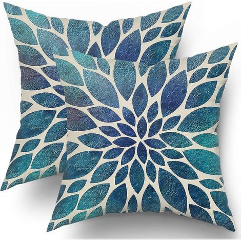 Housses de coussin Dahlia Bleu Canard Printemps 45x45 cm, bleu marine, motif floral turquoise, coussins décoratifs abstraits modernes, lot de 2, décoration estivale pour le salon (1/5)