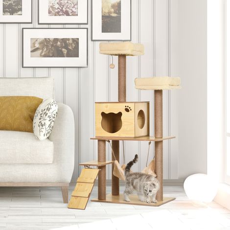 Arbre à chats design contemporain griffoirs grattoirs sisal naturel niche plate-formes hamac boule panneaux particules beige